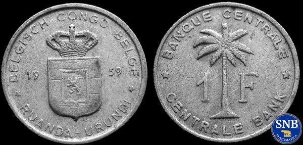 Producto - Congo Belga y Ruanda-Urundi - 1 Franco (1959) KM #4 [VF-]