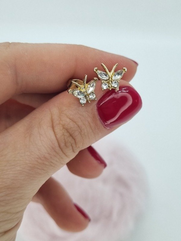 Producto - Aros acero dorado pasante mariposa gema antenas