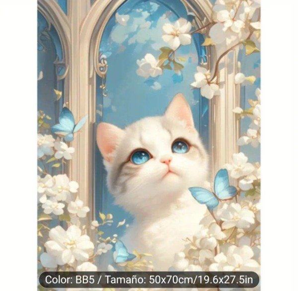Producto - DIAMOND PAINTING 50x70 GATITO ENTRE FLORES Y MARIPOSAS