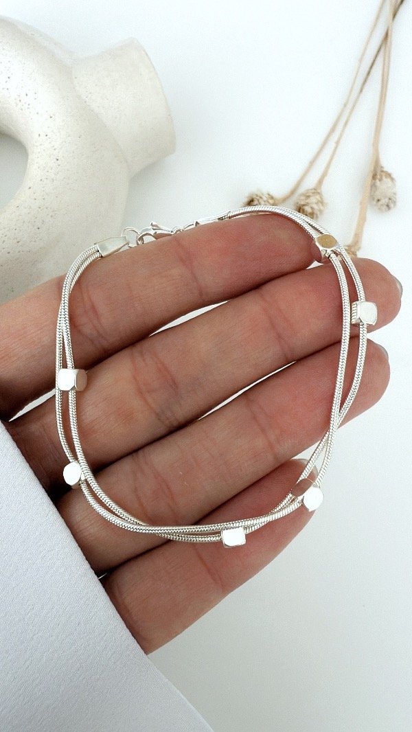 Producto - Pulsera doble cola rata y cubitos ACERO BLANCO