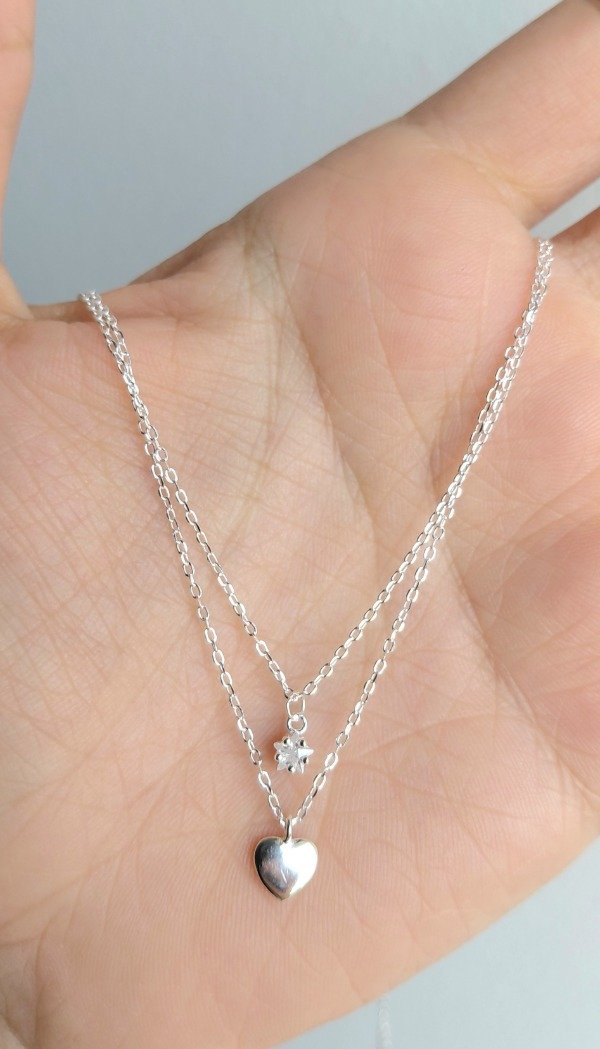 Producto - Collar de Plata Doble con Dijes Corazon y Cubic Estrella (45cm más alargue) - 0