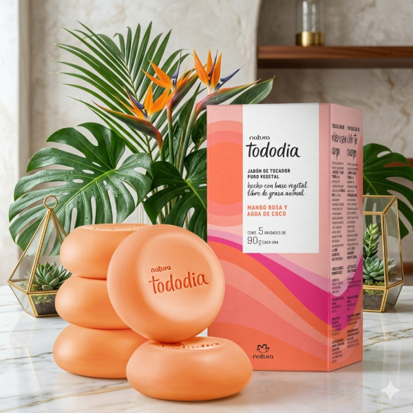 Producto - CAJA X5 JABONES 90 g C/U NATURA TODODIA "MANGO ROSA Y AGUA DE COCO"