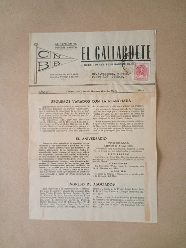 Producto - El gallardete #6 Noticioso del Club Náutico Bahía Blanca - Octubre 1950