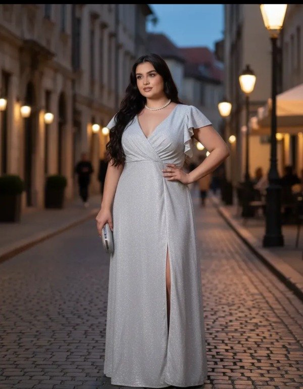 Vestido largo con mangas plateado lurex y talle grande — imagen 3