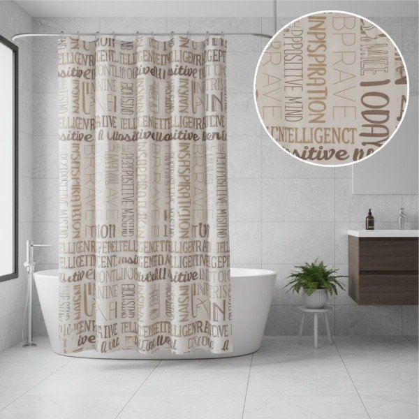 Producto - CORTINA PARA BAÑO PREMIUM "LETRAS MARRÓN" PROTECTOR + GANCHOS