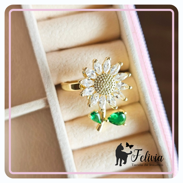 Producto - Anillo Girasol con hojitas Giratorio ajustable