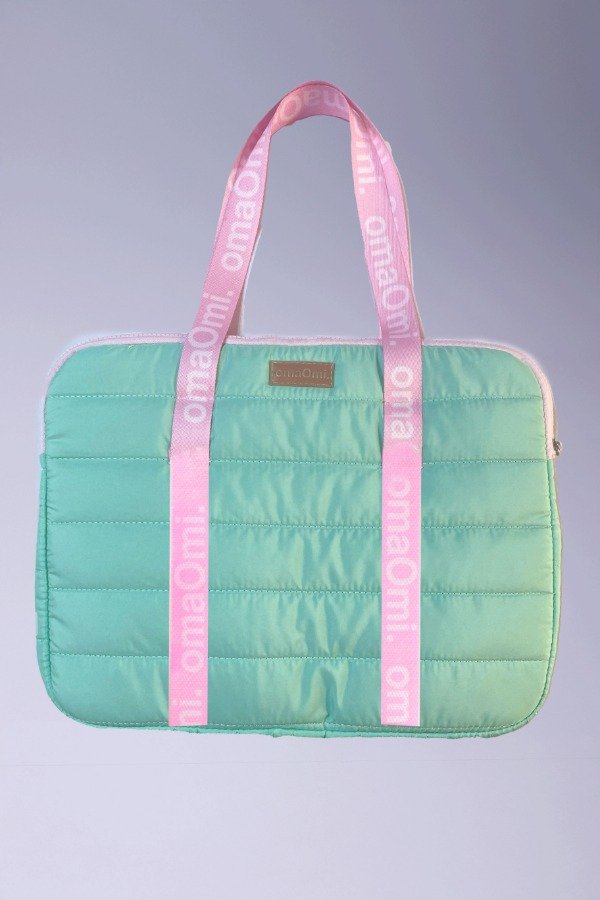 Producto - Porta notebook puffer DORIS POP verde agua y rosa