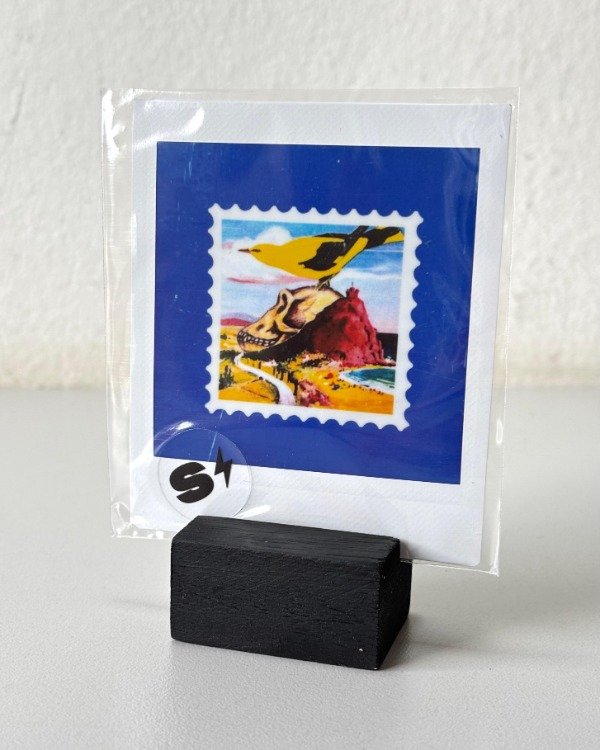 Producto - Polaroid pajaro estampilla azul + Base de madera