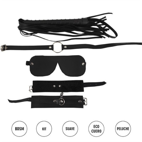 Producto - Kit 4 piezas látigo, mordaza, esposas, antifaz ecocuero