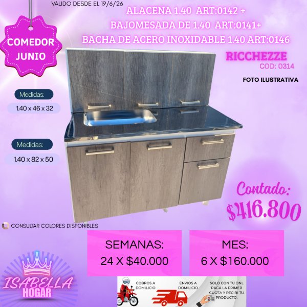 Producto - ALACENA + BAJOMESADA DE 1.40 MELAMINA + BACHA 1.40 DE ACERO