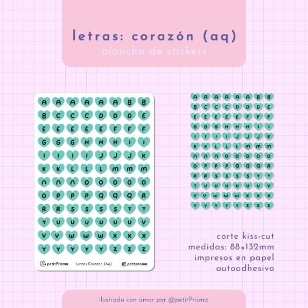Producto - Plancha de stickers Letras: Corazones Agua