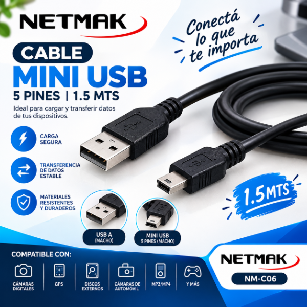 Producto - CABLE MINI USB NETMAK 5 PINES 1.5MTS