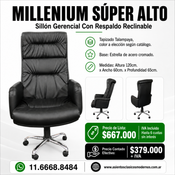 Producto - Sillón Gerencial MILLENIUM CROM, Respaldo Reclinable, SÚPER ALTO!!