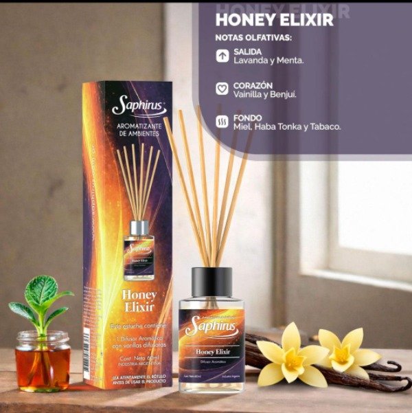 Producto - DIFUSOR CON VARILLAS SAPHIRUS 60ML "HONEY ELIXIR"