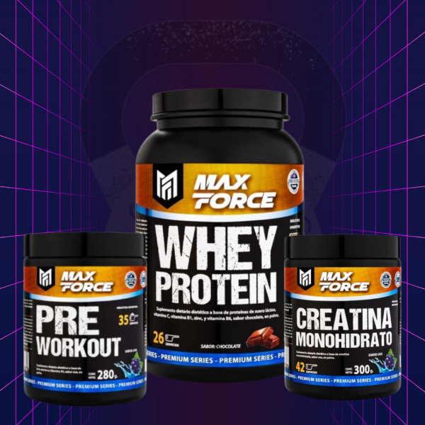 Producto - COMBO MAX FORCE PROTEINA 2lb + CREATINA 300g + PRE ENTRENO 280g