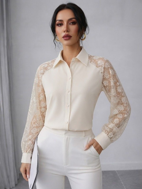 Producto - CAMISA PARISIENNE DETALLES EN ENCAJE BORDADO CON BRILLO