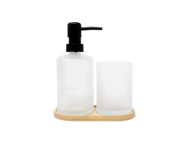 Producto - Set de baño  vidrio SATINADO con bandeja bamboo