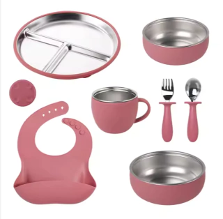Producto - SET DE ALIMENTACIÓN BEBÉ DE METAL CON SILICONA X7 PIEZAS