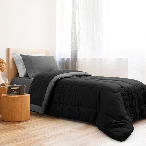 Producto - JUEGO DE SÁBANAS BITONO DE  MICROFiBRA PREMIUM 1 1/2 PLAZA COLOR NEGRO