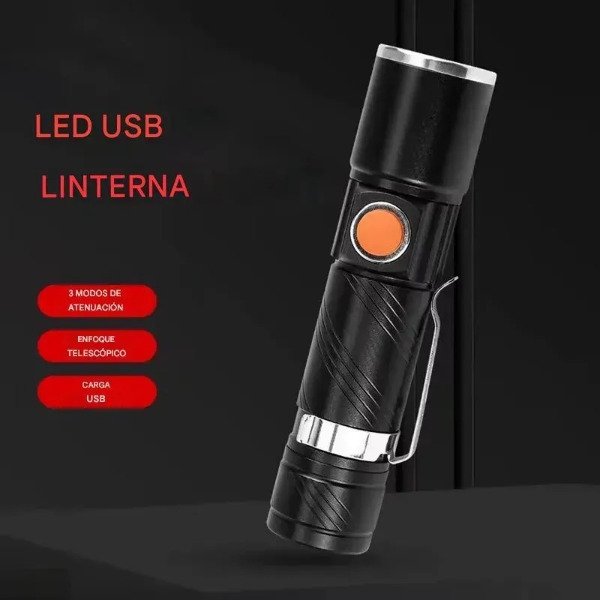 Producto - Linterna Mano Led T6 Aluminio Tactica Recargable USB Trasero sin Cables 3600L - 5