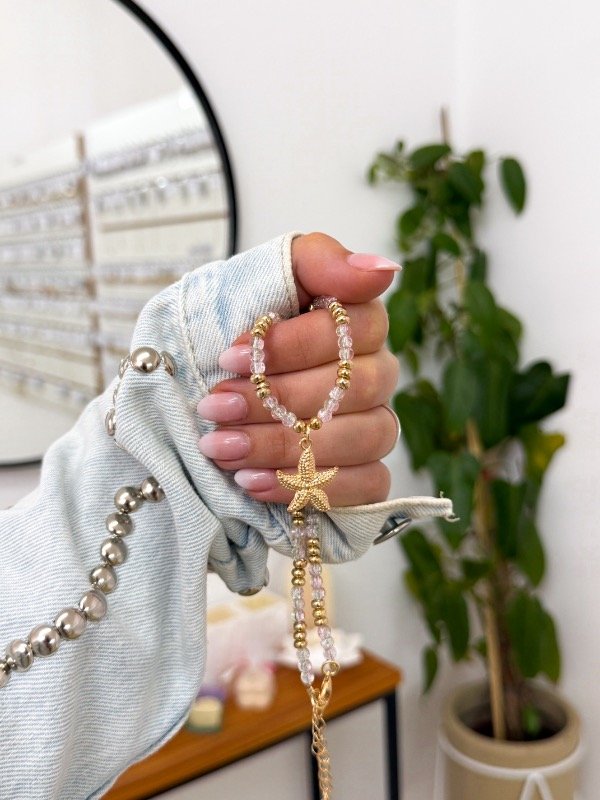 Producto - Chocker mostacillas transparentes y doradas estrella de mar dorada
