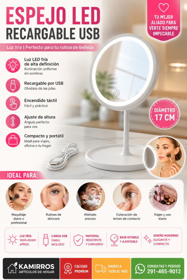 Producto - Espejo LED USB Recargable con Luz Fría para Maquillaje y Cuidado Personal