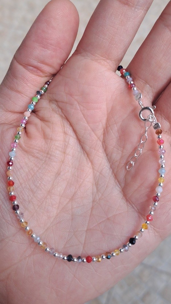 Producto - Tobillera de Plata con Mix de Mini Cristales y Bolitas de Plata