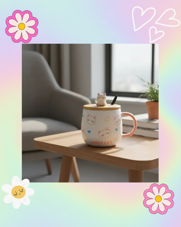 Producto - Taza Happy Cat con Tapa y Cucharita - 1