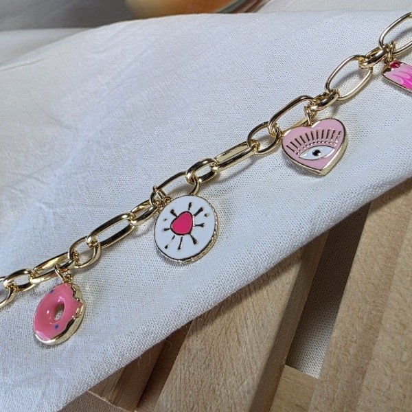 Producto - Pulsera Ac.Dorado forcet con dijes en rosa