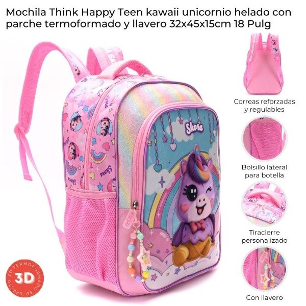 Producto - MOCHILA THINK HAPPY TEEN KAWAII UNICORNIO HELADO CON LLAVERO 42899