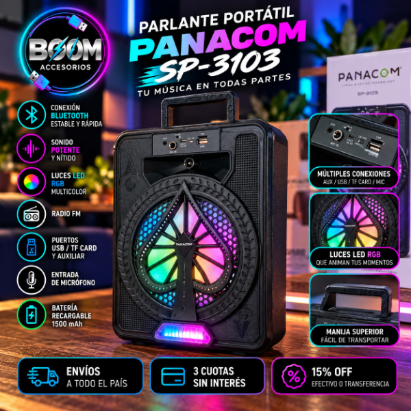 Producto - Parlante Bluetooth Portátil Panacom SP-3103 6W Negro LED Luces - 0