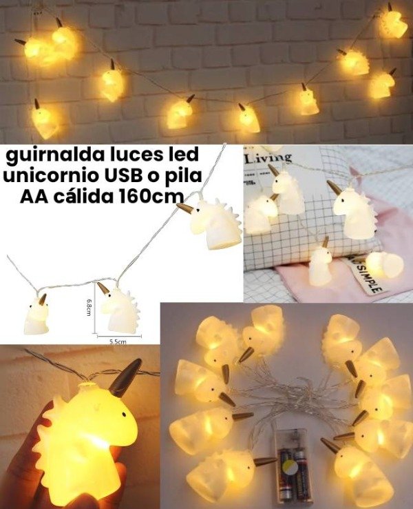 Producto - Guirnalda de luces led CALIDA de 10 unicornios 160cm usb y tambien a pila AA