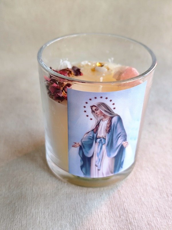 Producto - VELA VIRGEN MILAGROSA - Con cuarzo rosa, citrino y rosas. 250ml - 0