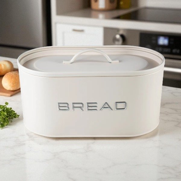 Producto - Panera Metálica Con Tapa Lata Pan Decorativa Cocina Beige