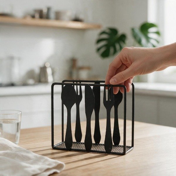Producto - SERVILLETERO NEGRO CON DIBUJO DE TENEDOR CUCHARA Y CUCHILLO NEGRO - 1
