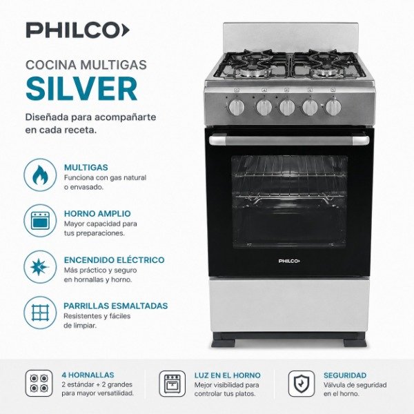 Producto - COCINA PHILCO MULTIGAS SILVER 4 HORNALLAS