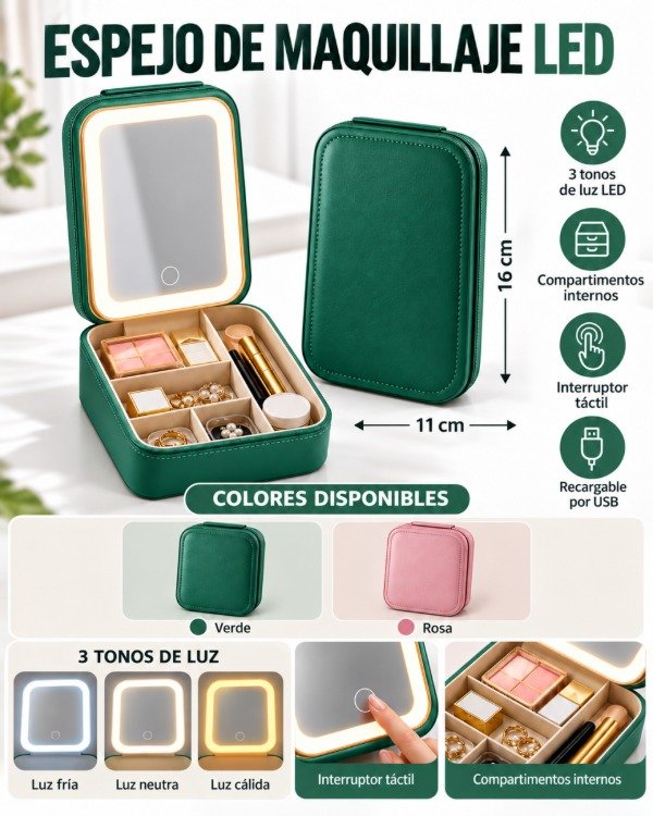 Producto - alhajero organizador portátil con luz led material resistente - 1
