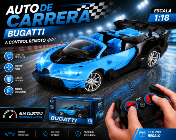 Producto - AUTO DE CARRERA C/R 1:18 BUGATTI - ZUMO - AZUL