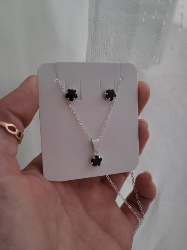 Producto - Conjunto estrellita negra gargantilla con par de aros pasantes - Plata 900