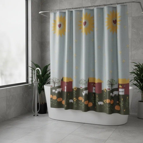 Producto - CORTINA PARA BAÑO DE RASO TEFLONADA ESTAMPADA "CASA DE CAMPO"