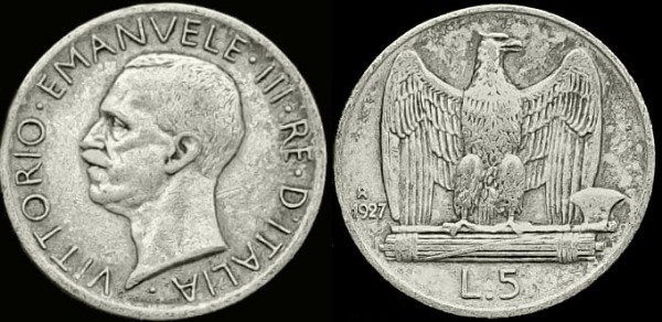 Producto - Reino de Italia - 5 Liras de plata (19127) KM #67.2 [VF-] - Dos estrellas
