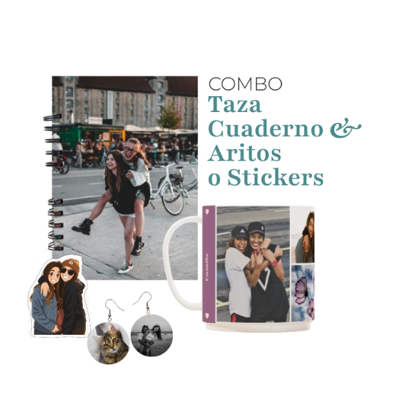 Producto - Taza + Cuaderno + Aritos o Sticker