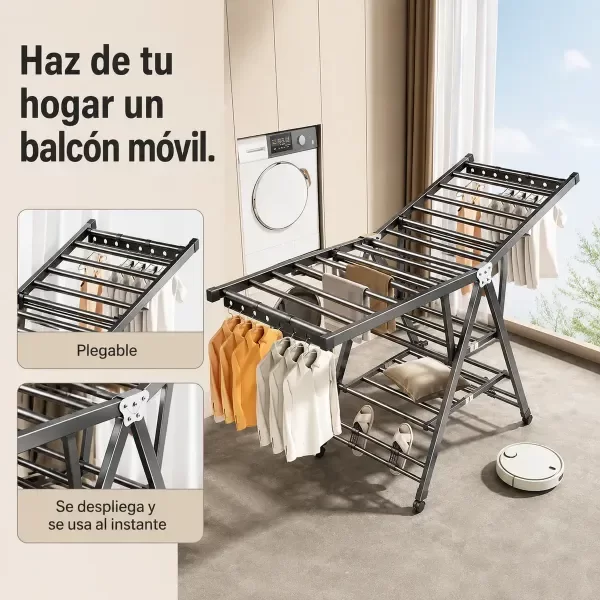 Producto - Tendedero De Ropa Plegable 3 Niveles Con Ruedas Reforzado - 6