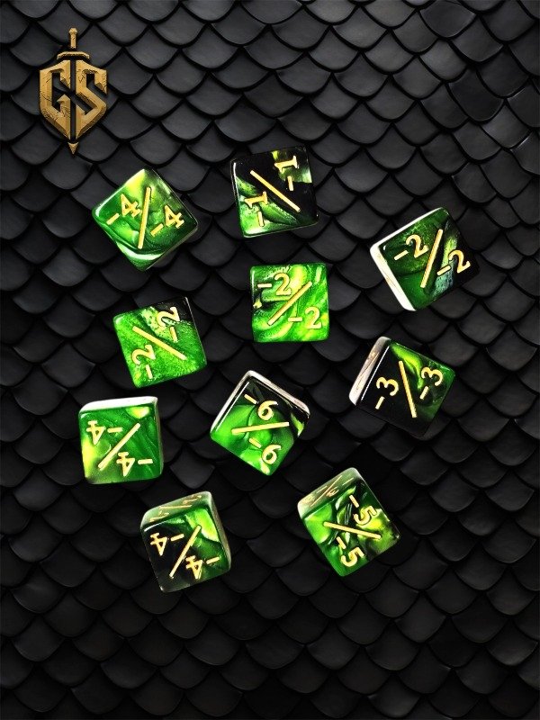 Producto - Set x10 Dados Contadores Negativos Verde y Dorado