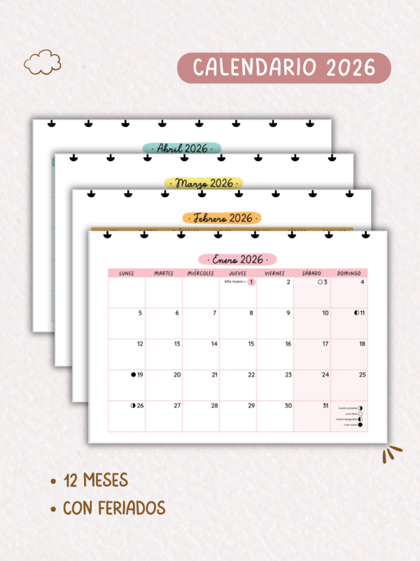 Producto - Planner mensual 2026  - horizontal a color - repuesto