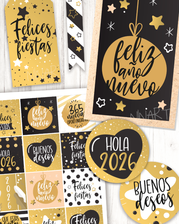 Producto - KIT IMPRIMIBLE ETIQUETAS FELICES FIESTAS AÑO NUEVO 2024/2025