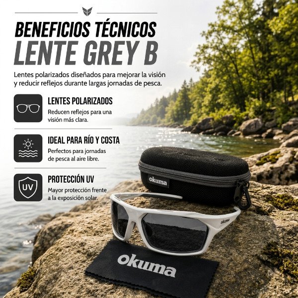 Producto - Anteojo Okuma Verde o Gris Mirror-B Espejados Polarizados UV400 Marco Blanco - 6