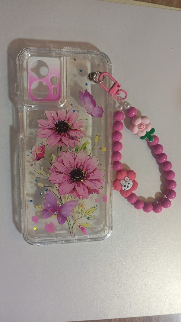 Producto - Funda Transparente Diseño Con Glitter y Cadena Flores para Moto G13 - G23