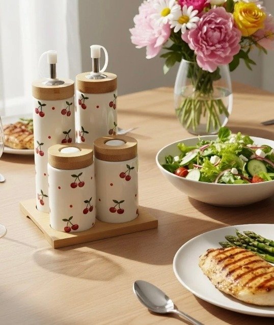 Producto - Set x4 Especiero Cerámica Cereza con Soporte Organizador