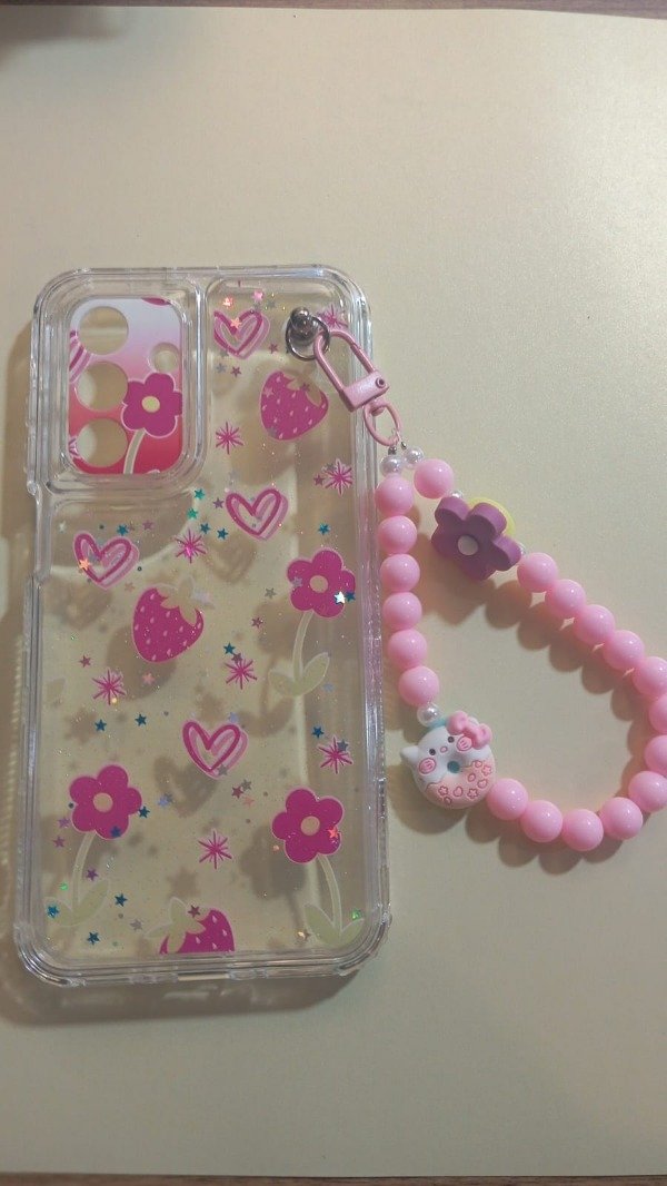 Producto - Funda Transparente Diseño Con Glitter y Cadena Frutillas para Samsung A26